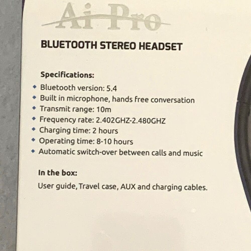 NEW AI Pro AIPro-100 Plus Bluetooth Stereo Headset Headphones Black - Picture 6 of 12